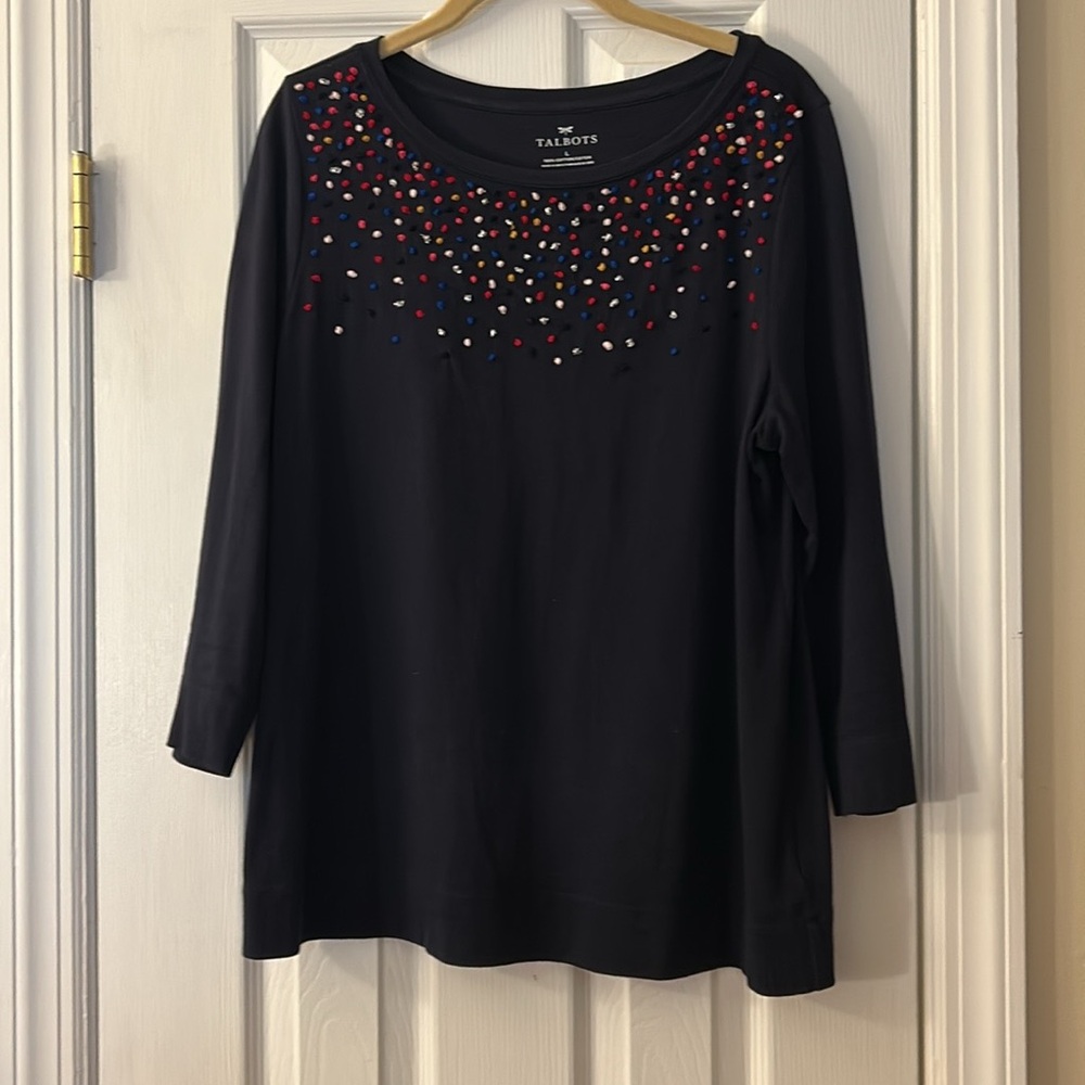 Talbots Large shirt navy blue women’s dots holiday Christmas top